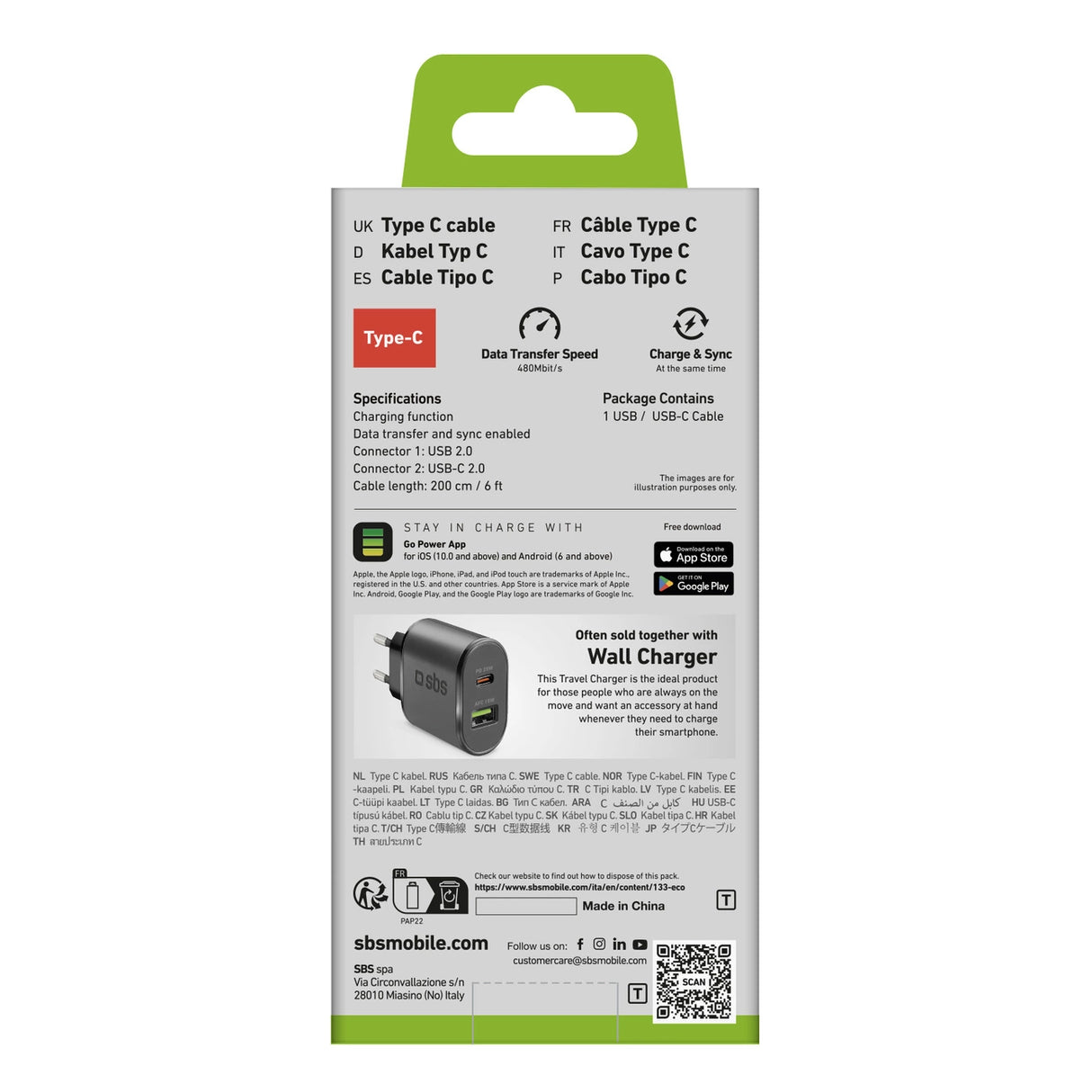 SBS TECABLETC220K USB-A - USB-C Kabel 2 m - sort