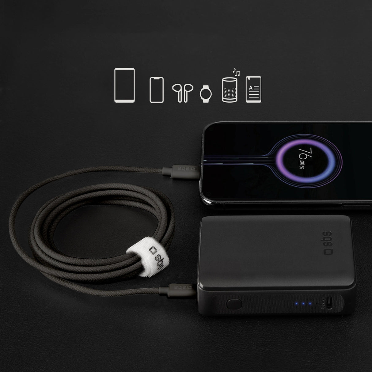 SBS TECABLETISSUETCK USB-C - USB-C 1,5 m 60 W flettet kabel - sort