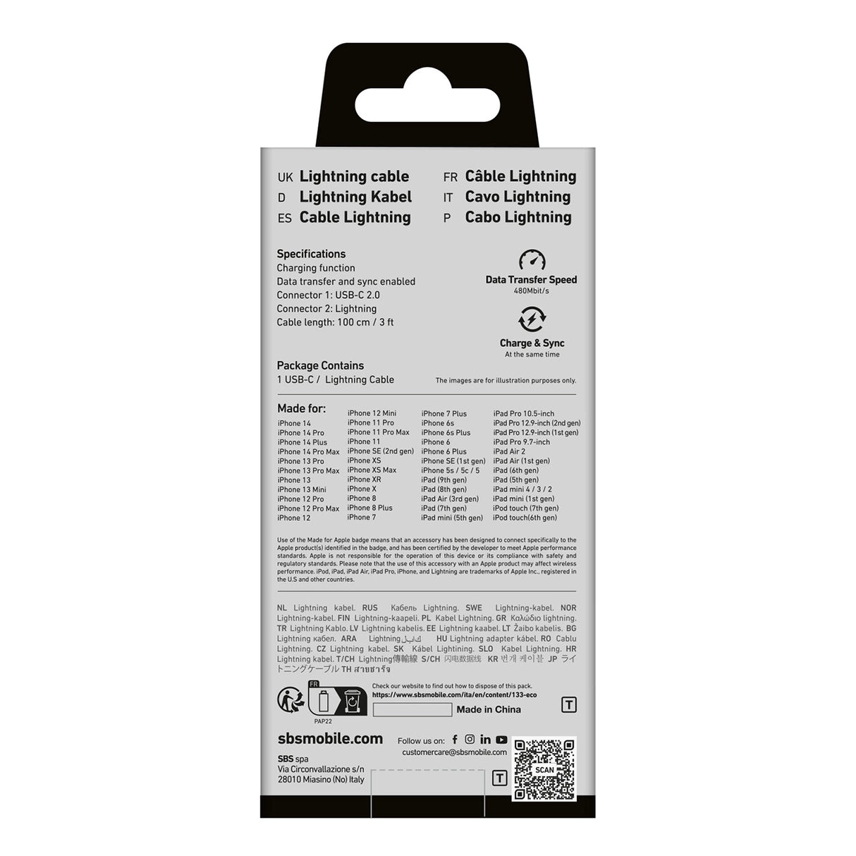 SBS TECABLELIGTC1W USB-C - Lightning Cable MFi Certified, 1m - Hvid