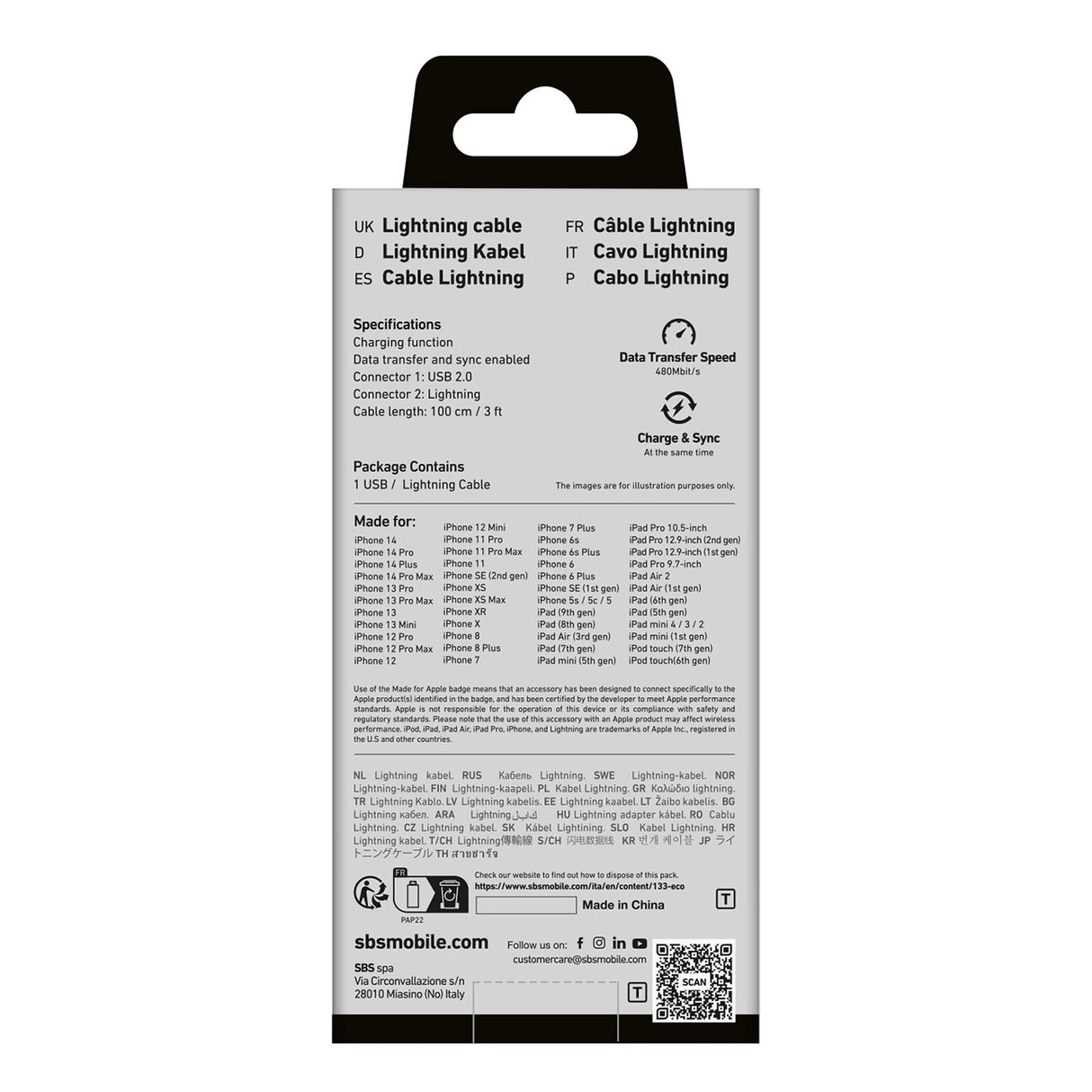 SBS TECABLEUSBIP589K USB-A - Lightning Cable 1m MFi Certificeret - sort