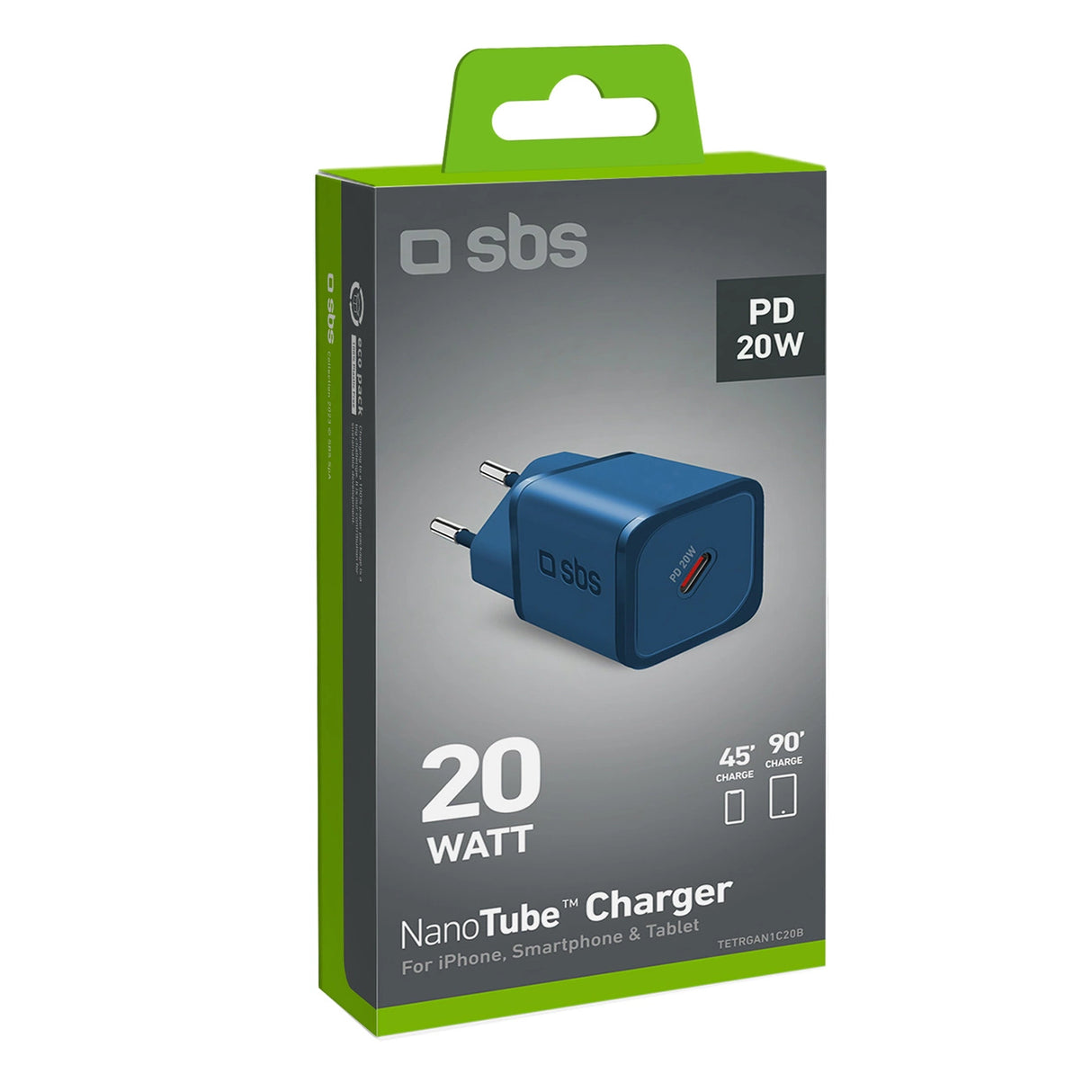 SBS TETRGAN1C20B 20W GaN Wall Charger med Power Delivery - Blå