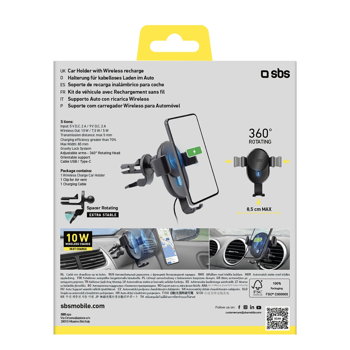 Smartphone holder med induktiv oplader SBS TESUPWIR10CLIPSTG 10W - sort