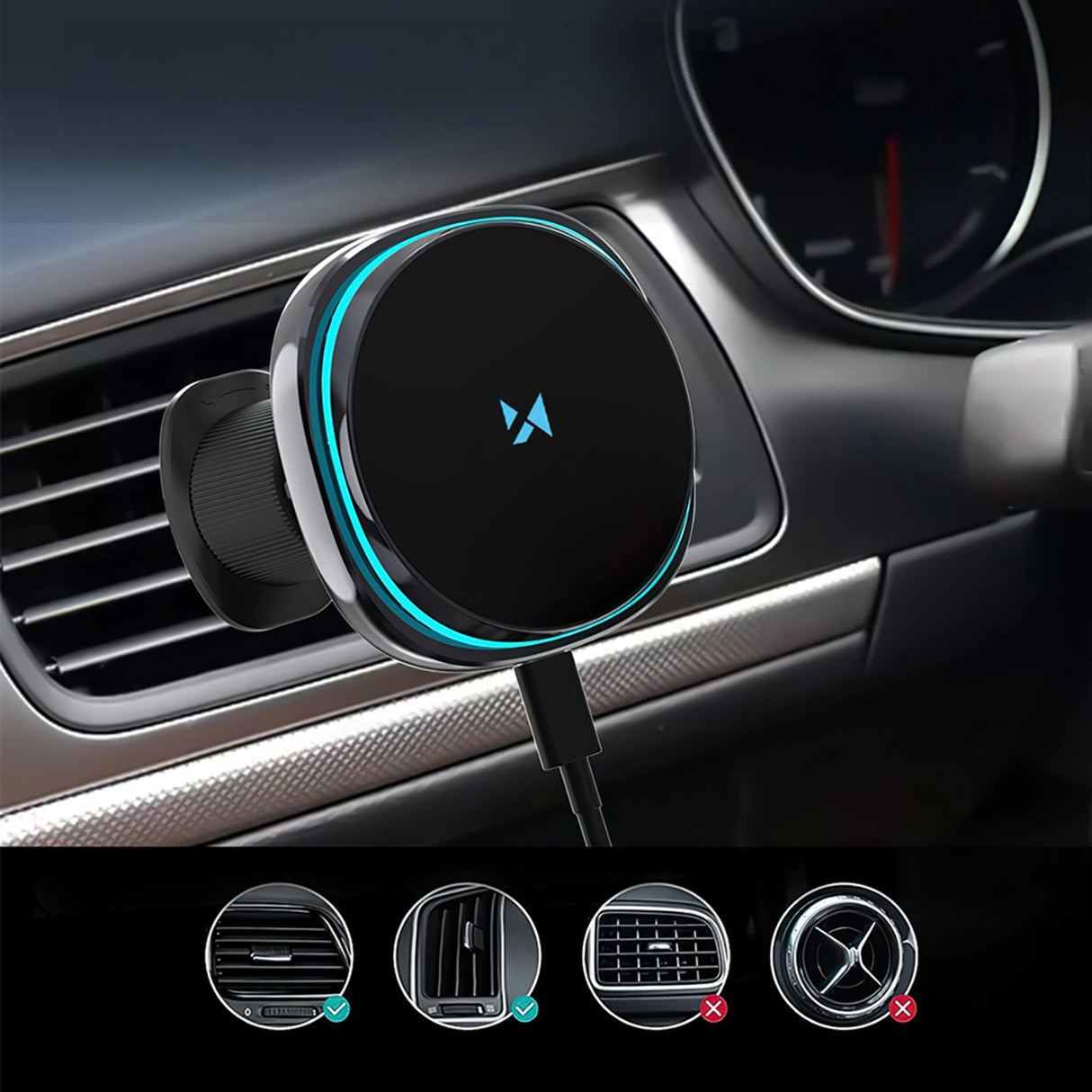 Wozinsky WCT5-Q6S2Y Bilholder med Qi/MagSafe 15W induktiv oplader til ventilationsgrill med ventilator - sort