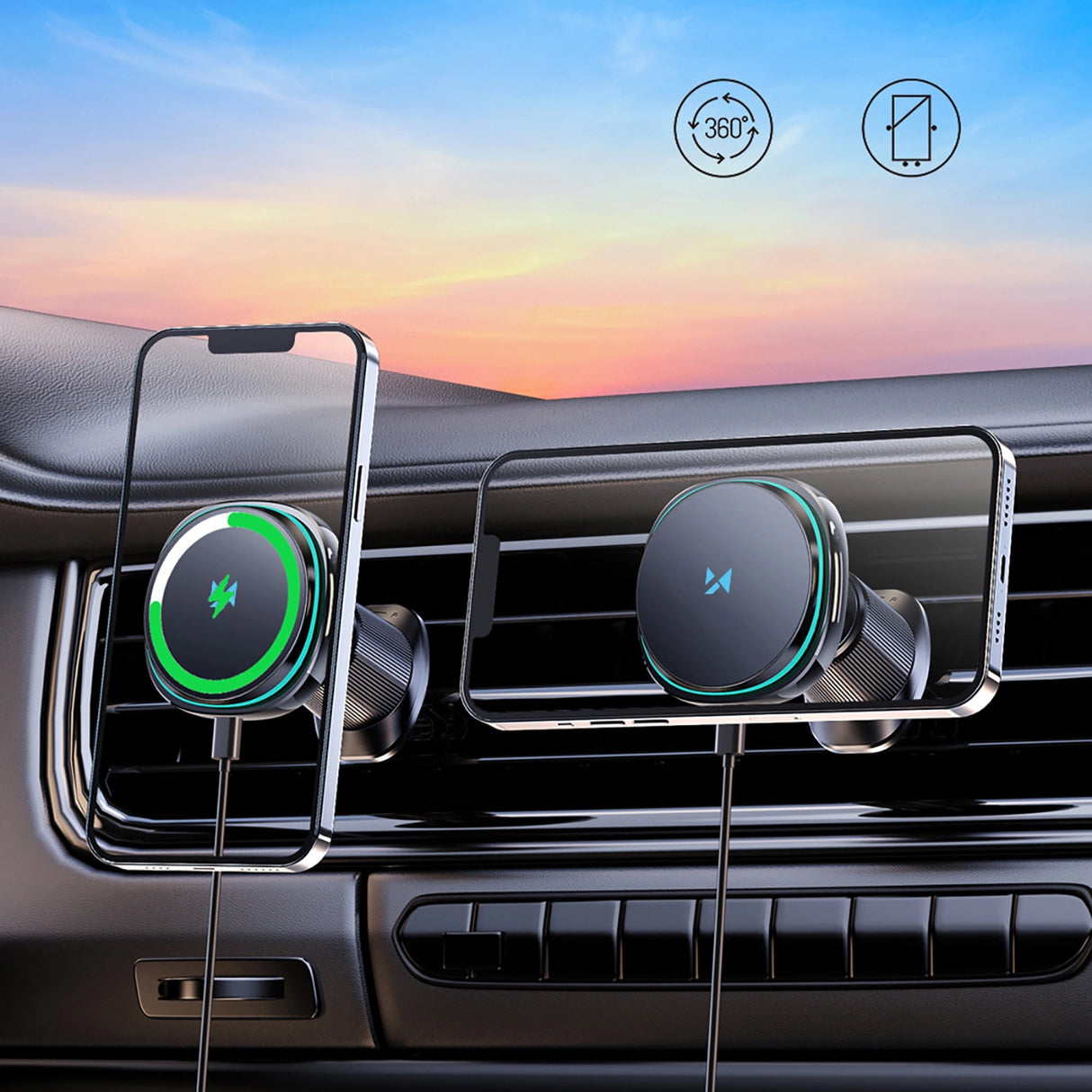 Wozinsky WCT5-Q6S2Y Bilholder med Qi/MagSafe 15W induktiv oplader til ventilationsgrill med ventilator - sort