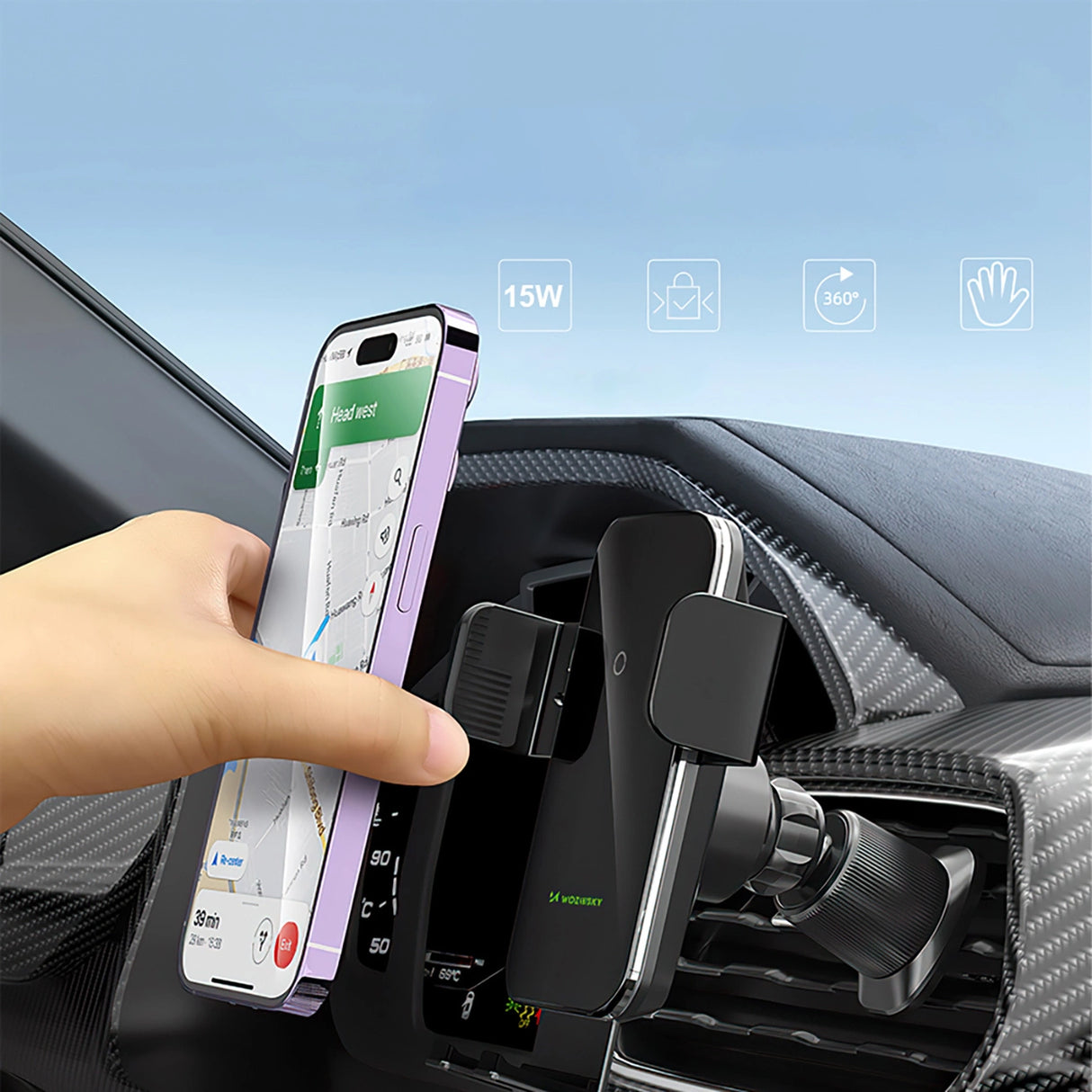 Wozinsky WEDZ-3Y8S klemme bilholder med 15W induktiv oplader til telefon på luftventilen - sort