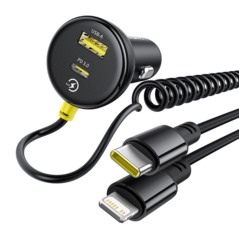 Baseus Circular 60W USB-A + USB-C Car Charger with Built-in Lightning + USB-C Cable 1.4m - Black