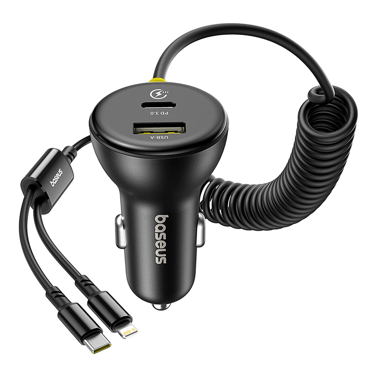 Baseus Circular 60W USB-A + USB-C Biloplader med indbygget Lightning + USB-C Kabel 1,4 m - sort