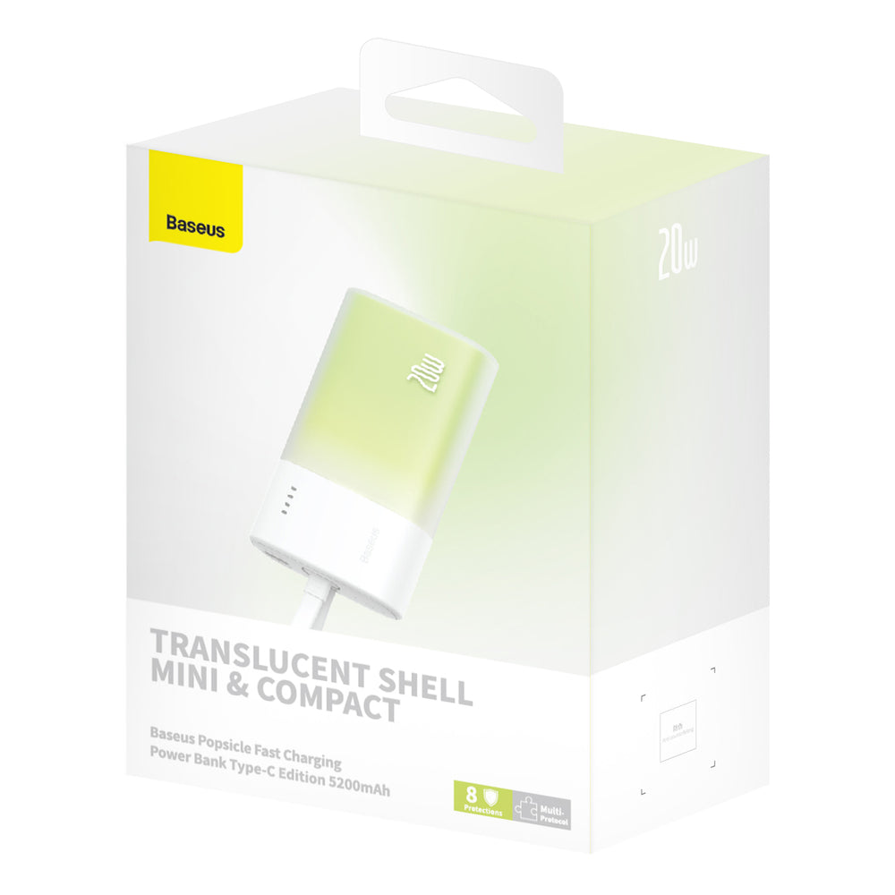 Baseus Popsicle 5200mAh 20W Powerbank with Built-in Lightning Cable (+ White Baseus Simple USB-C - USB-C 60W/20V/3A/30cm Cable) - White-Green