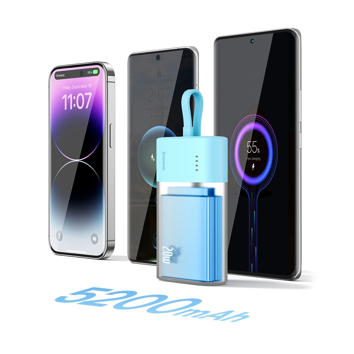 Baseus Popsicle 5200mAh 20W Powerbank med indbygget lynkabel (+ hvid Baseus Simple USB-C - USB-C 60W / 20V / 3A / 30cm kabel) - Blå-Orange