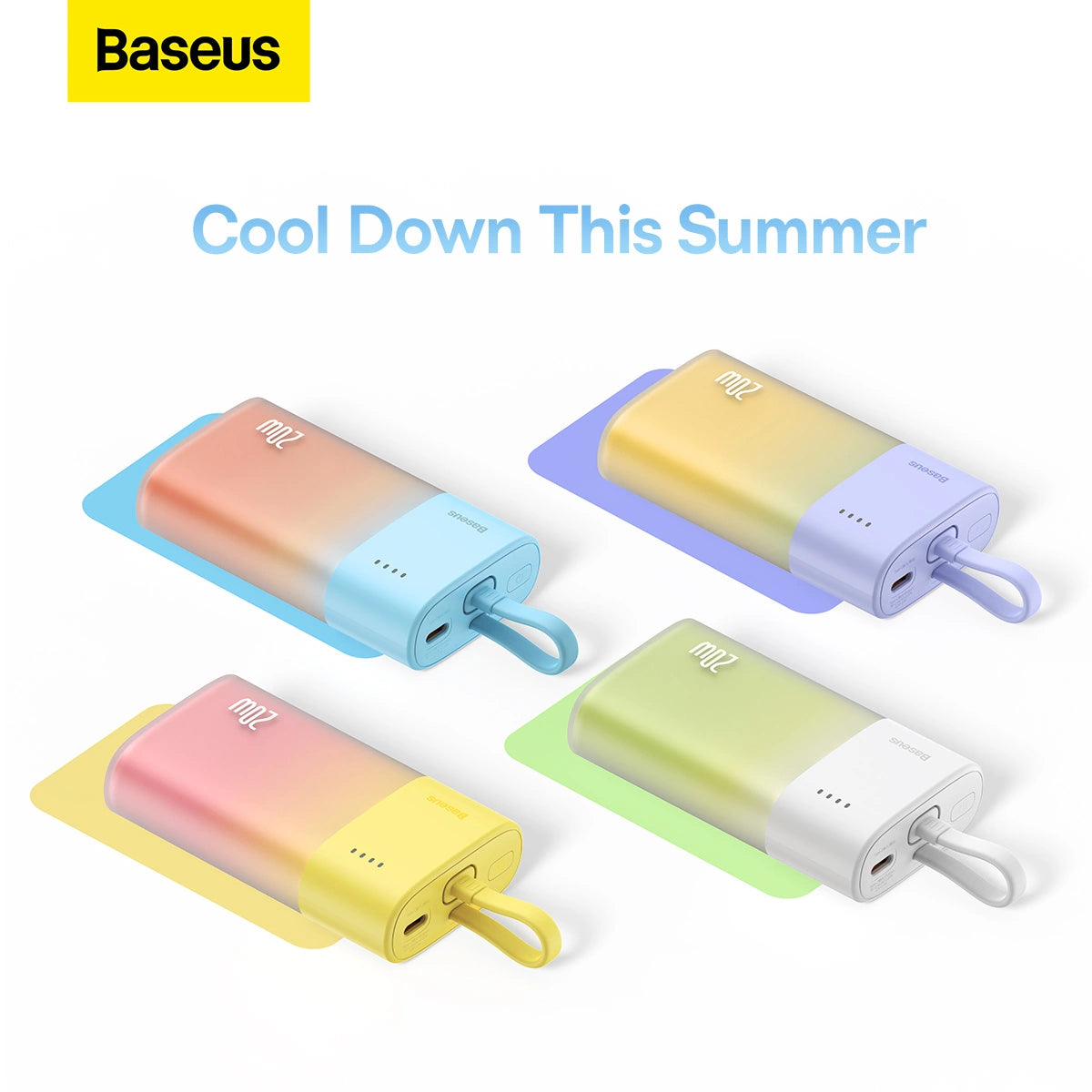 Baseus Popsicle 5200mAh 20W Powerbank med indbygget lynkabel (+ hvid Baseus Simple USB-C - USB-C 60W / 20V / 3A / 30cm kabel) - gul-rosa
