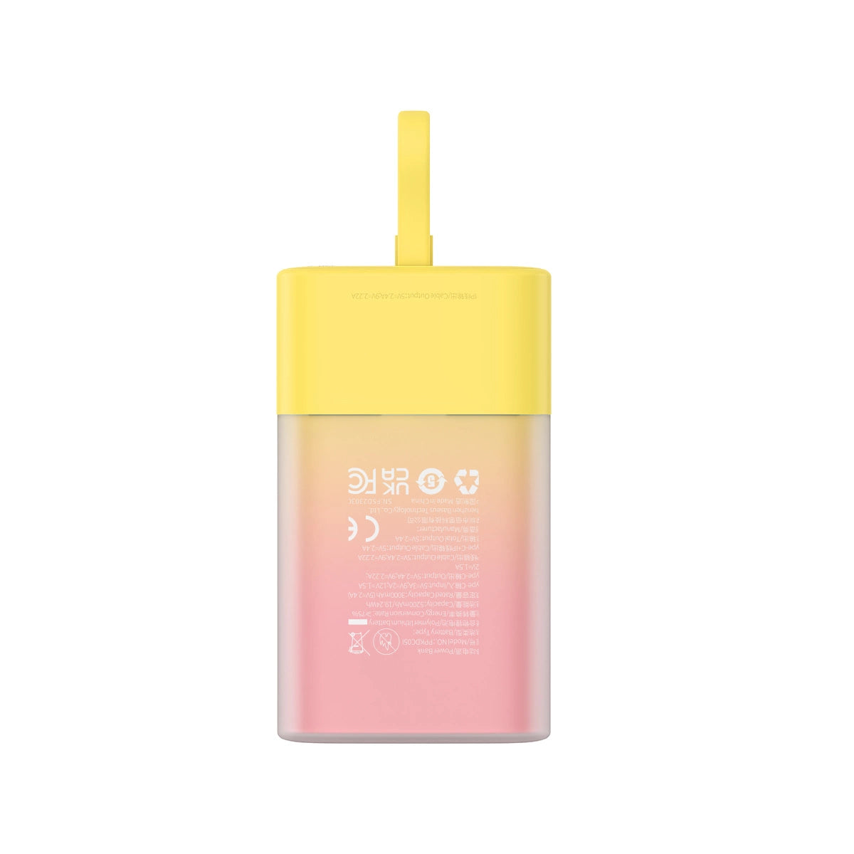Baseus Popsicle 5200mAh 20W Powerbank med indbygget lynkabel (+ hvid Baseus Simple USB-C - USB-C 60W / 20V / 3A / 30cm kabel) - gul-rosa