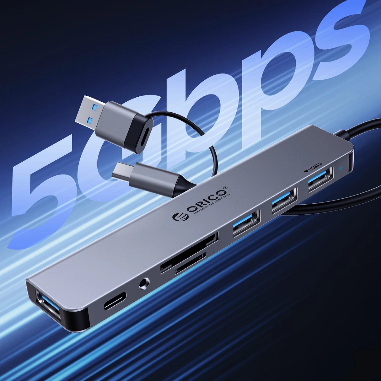 Orico YSA2-U3 USB-A/USB-C Hub Docking Station 1x USB-A 3.0 + 6x USB-A 2.0 - Gray