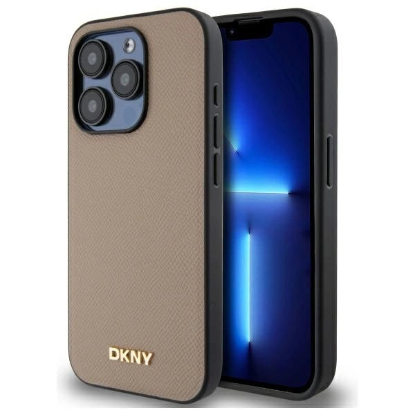 DKNY Grained Metal Logo MagSafe iPhone 15 Pro Case - Beige