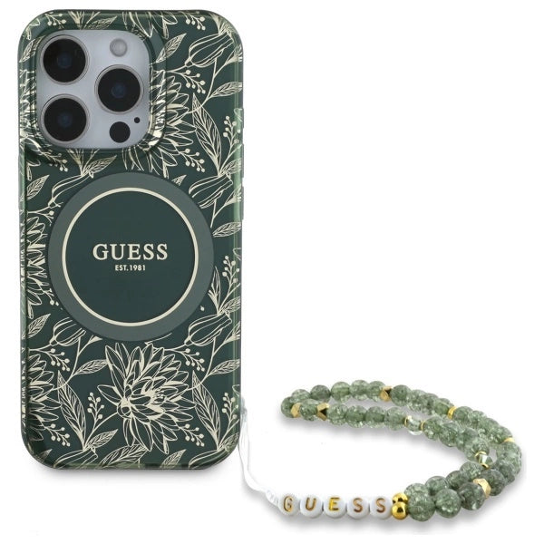 Guess IML Flowers Allover Electro med Perle Strap MagSafe-foder for iPhone 16 Pro Max - grøn