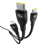 Baseus Flash Series 3 3in1 kabel 100W USB-C - USB-C + USB-C + Lightning 1,5 m + 3 x 0,25 m - sort