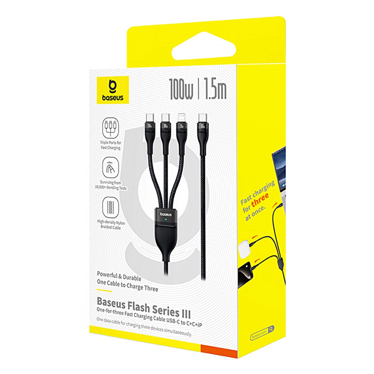 Baseus Flash Series 3 3in1 kabel 100W USB-C - USB-C + USB-C + Lightning 1,5 m + 3 x 0,25 m - sort