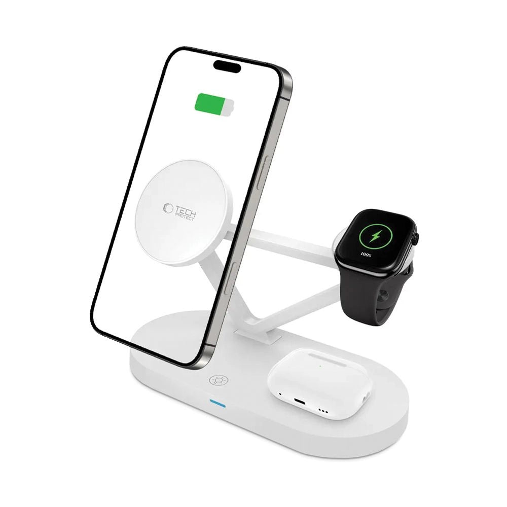 Tech-Protect QI15W-A41 3in1 trådløs oplader med MagSafe til Apple-enheder - hvid