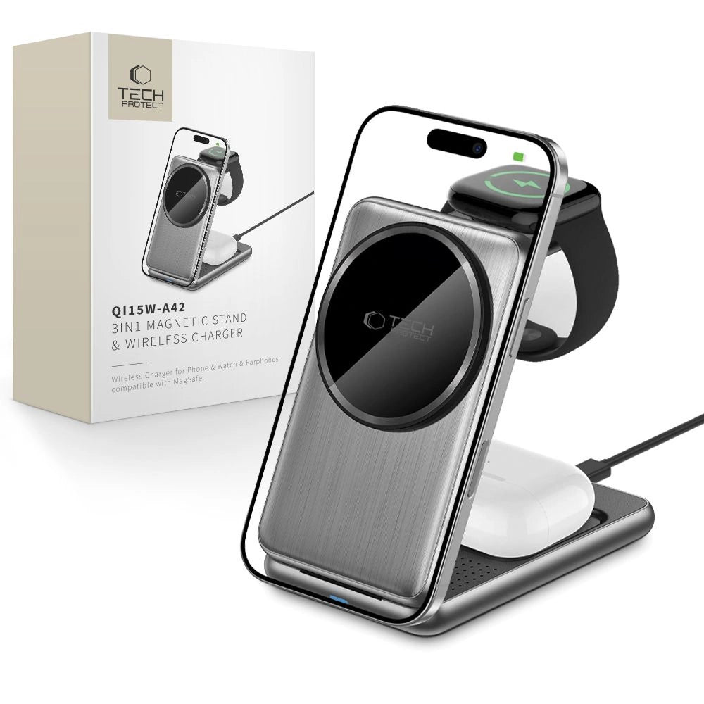 QI15W-A42 3in1 induktiv oplader med MagSafe til Apple-enheder - Grå