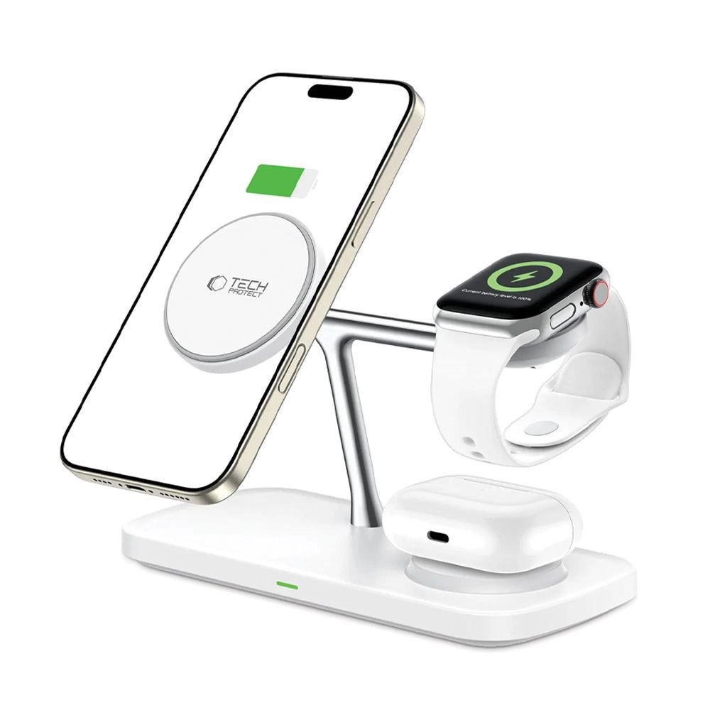 Tech-Protect QI15W-A45 3in1 trådløs oplader med MagSafe til Apple-enheder - hvid