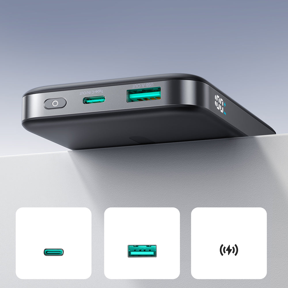 Joyroom JR-PBM12 Power Bank 10000mAh 22,5W MagSafe Kompatibel, 15W trådløs opladning, med ringbase - sort