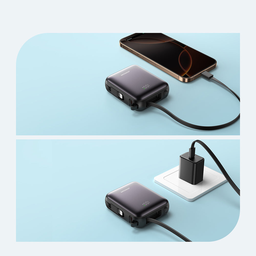 Joyroom JR-PBF27 10000mAh 22.5W Powerbank med indbygget USB-C og Lightning Kabler - sort