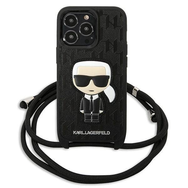 Karl Lagerfeld Leather Monogram Patch and Cord Iconik Case for iPhone 13 Pro / 13 - Black