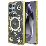 Guess 4G Baggrund Guld Elektrobelagt Peony mønster MagSafe Case til Samsung Galaxy S25 Ultra Brown