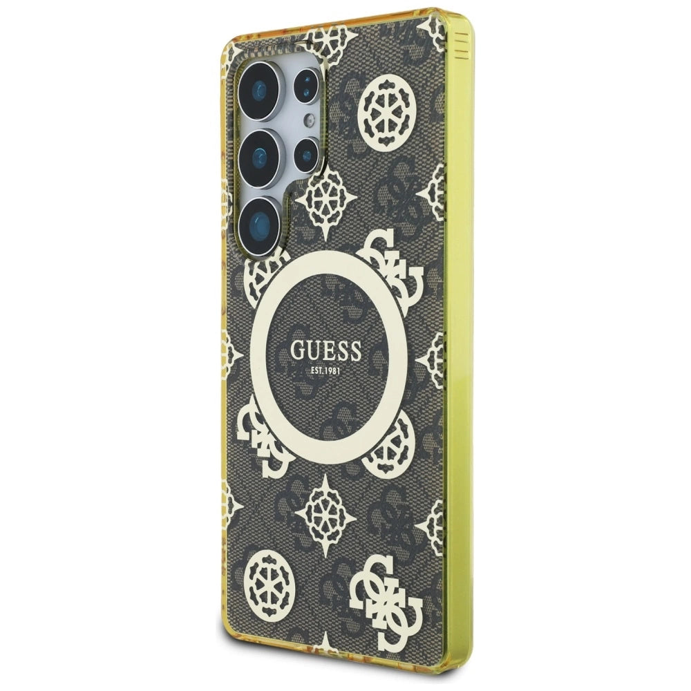 Guess 4G Baggrund Guld Elektrobelagt Peony mønster MagSafe Case til Samsung Galaxy S25 Ultra Brown