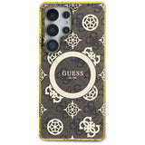 Guess 4G Baggrund Guld Elektrobelagt Peony mønster MagSafe Case til Samsung Galaxy S25 Ultra Brown