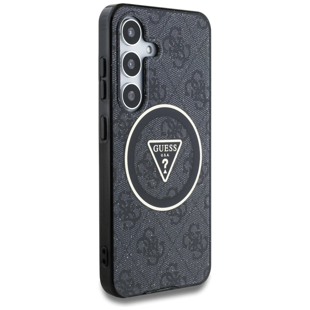 Guess 4G Glitter Triangle Buttons MagSafe-hylster til Samsung Galaxy S25 sort