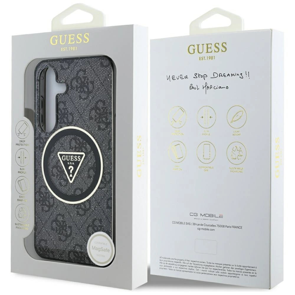 Guess 4G Glitter Triangle Buttons MagSafe-hylster til Samsung Galaxy S25 sort