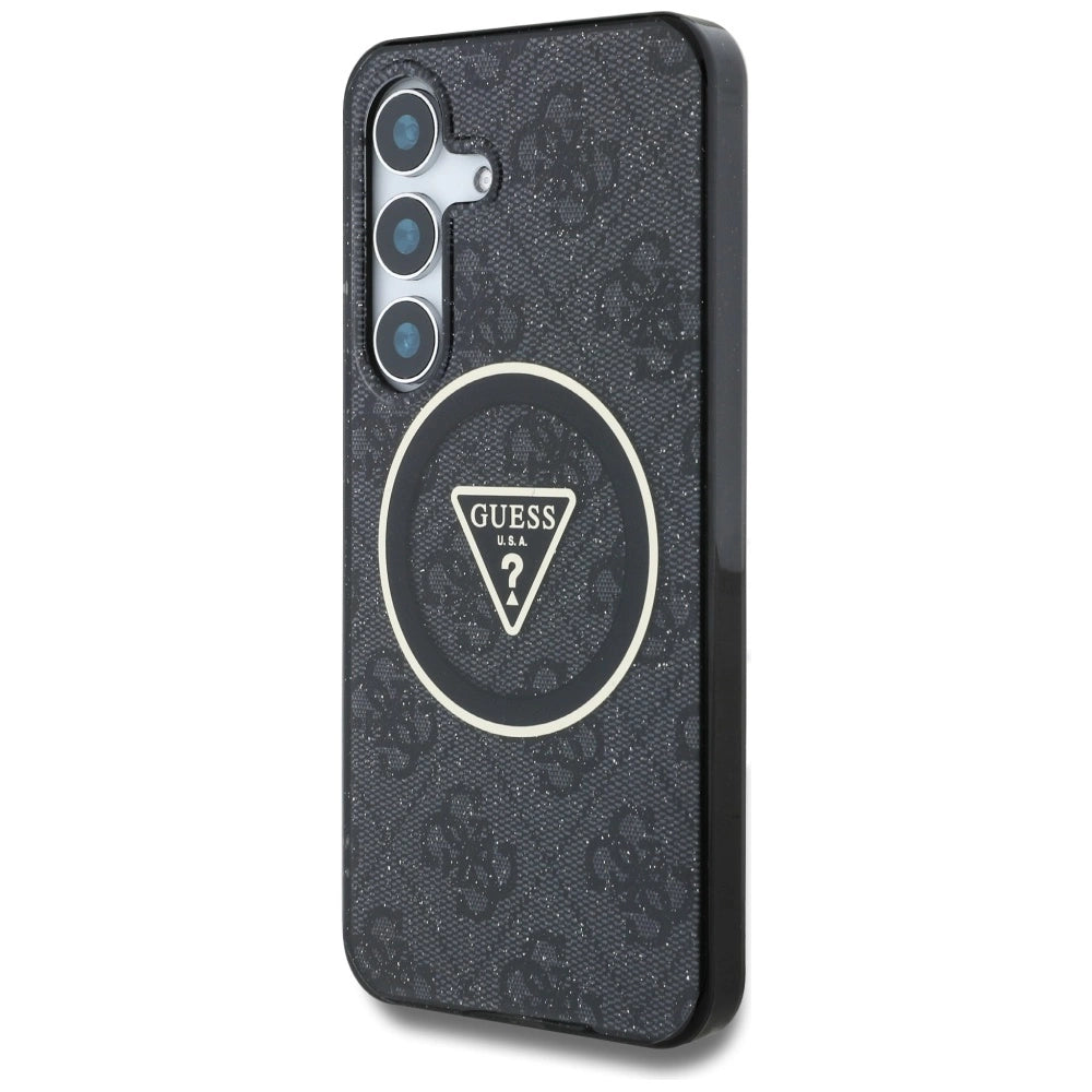 Guess 4G Glitter Triangle Buttons MagSafe Case for Samsung Galaxy S25 Plus Black