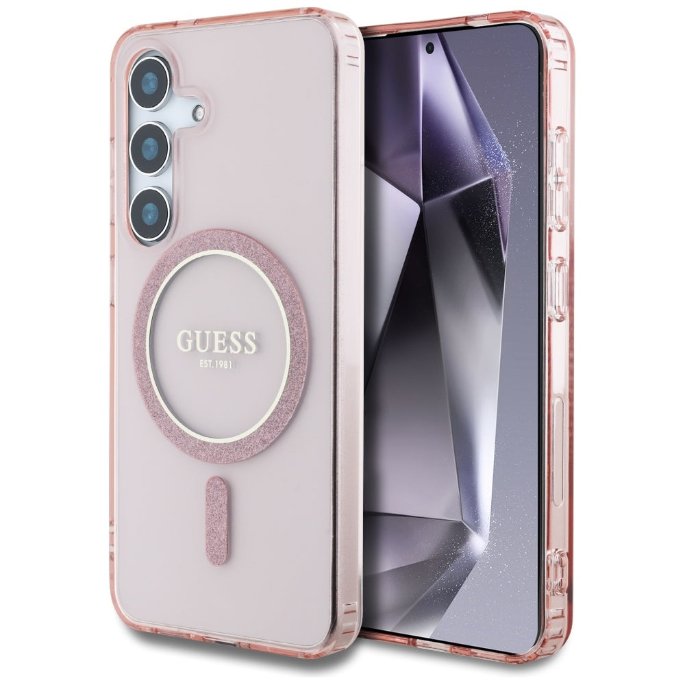 Guess Glitter Circle Classic Logo MagSafe Case til Samsung Galaxy S25 Pink
