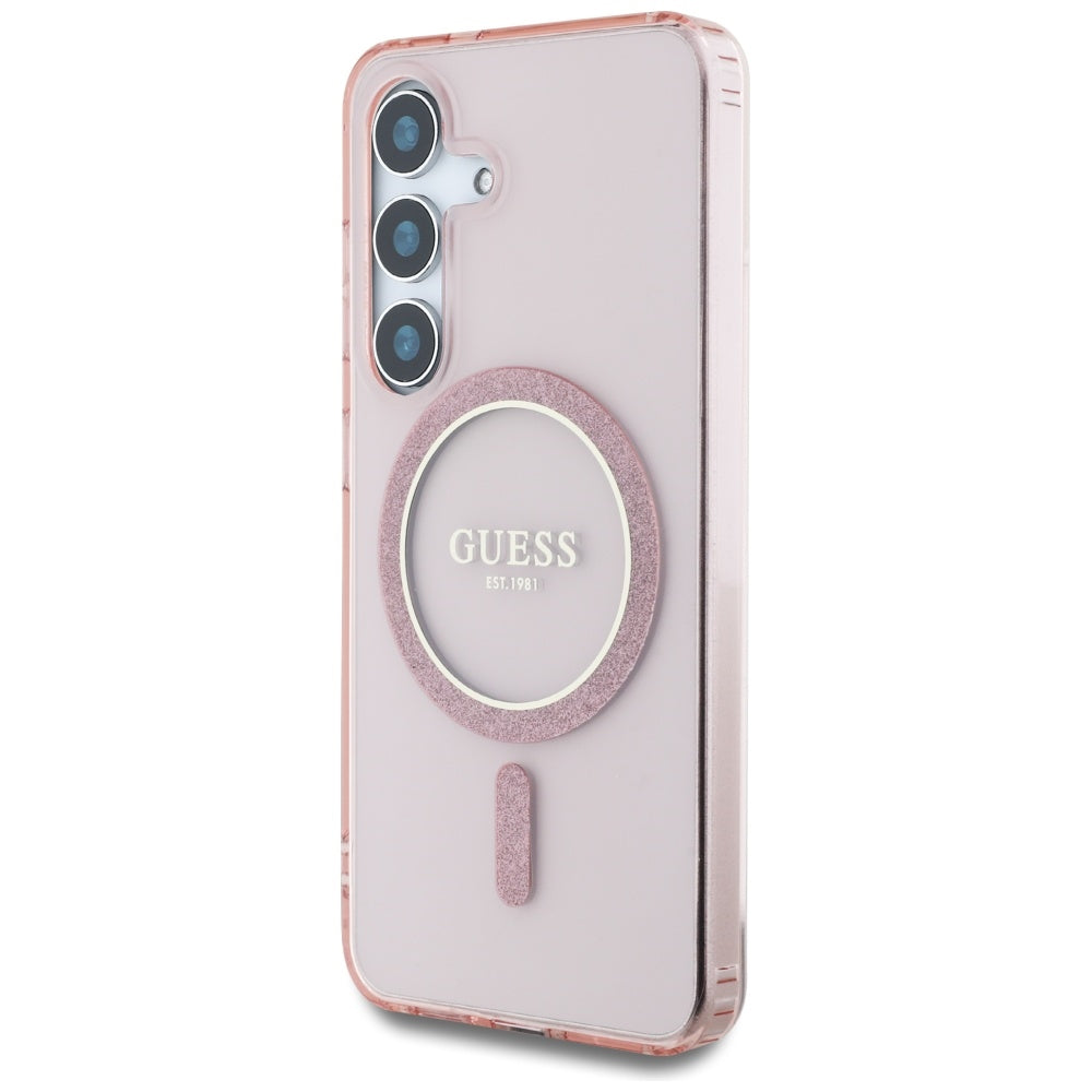 Guess Glitter Circle Classic Logo MagSafe Case til Samsung Galaxy S25 Pink