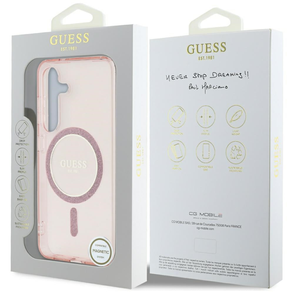 Guess Glitter Circle Classic Logo MagSafe Case til Samsung Galaxy S25 Pink