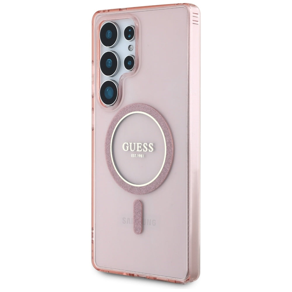Guess Glitter Circle Classic Logo MagSafe Case til Samsung Galaxy S25 Ultra Pink