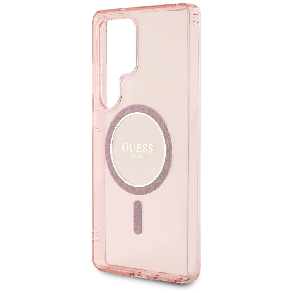 Guess Glitter Circle Classic Logo MagSafe Case til Samsung Galaxy S25 Ultra Pink