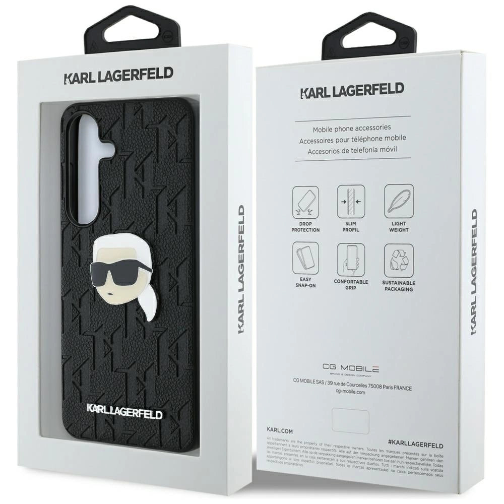 Karl Lagerfeld Leather Monogram Pin Logo Karl Head Samsung Galaxy S25 Case Black