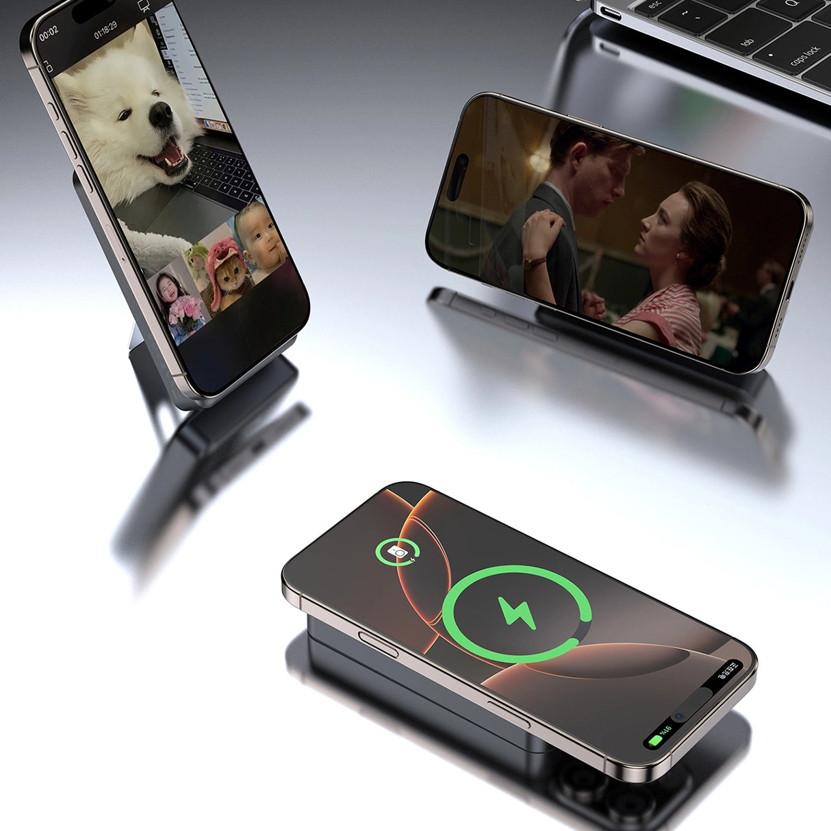 Dudao K29 10000mAh PD 20W MagSafe Powerbank med Metal Case, Stand og Indbygget USB-C / Lightning Kabler - Silver