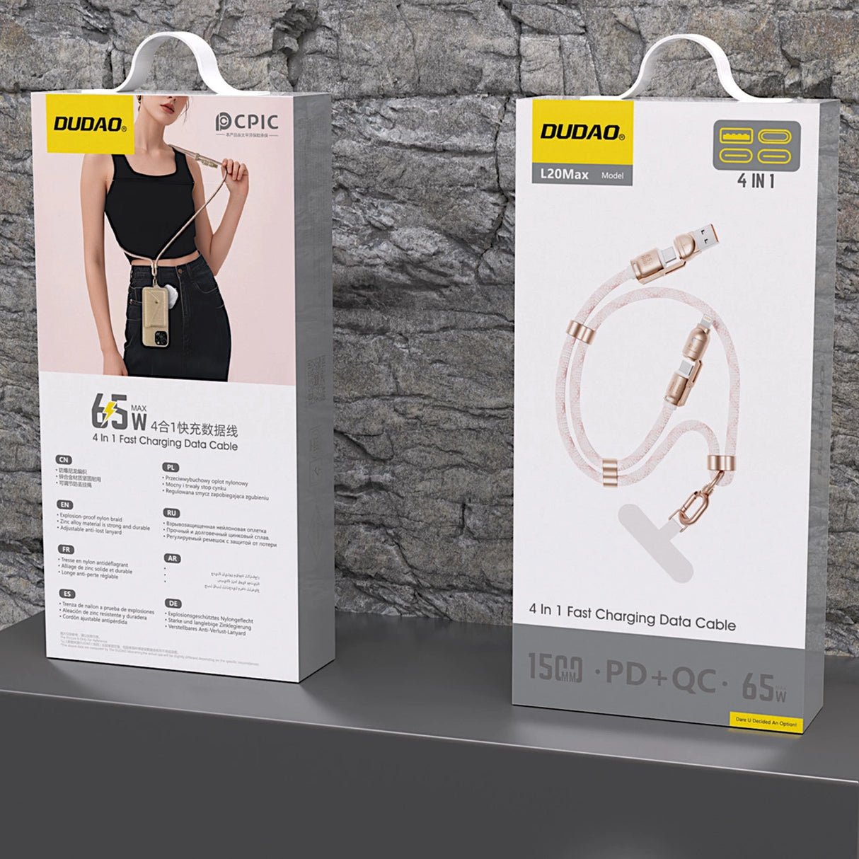 Dudao L20MAX 4in1 Kabel / Lanyard USB-A / USB-C / Lightning PD QC 65W 1,5m - Pink