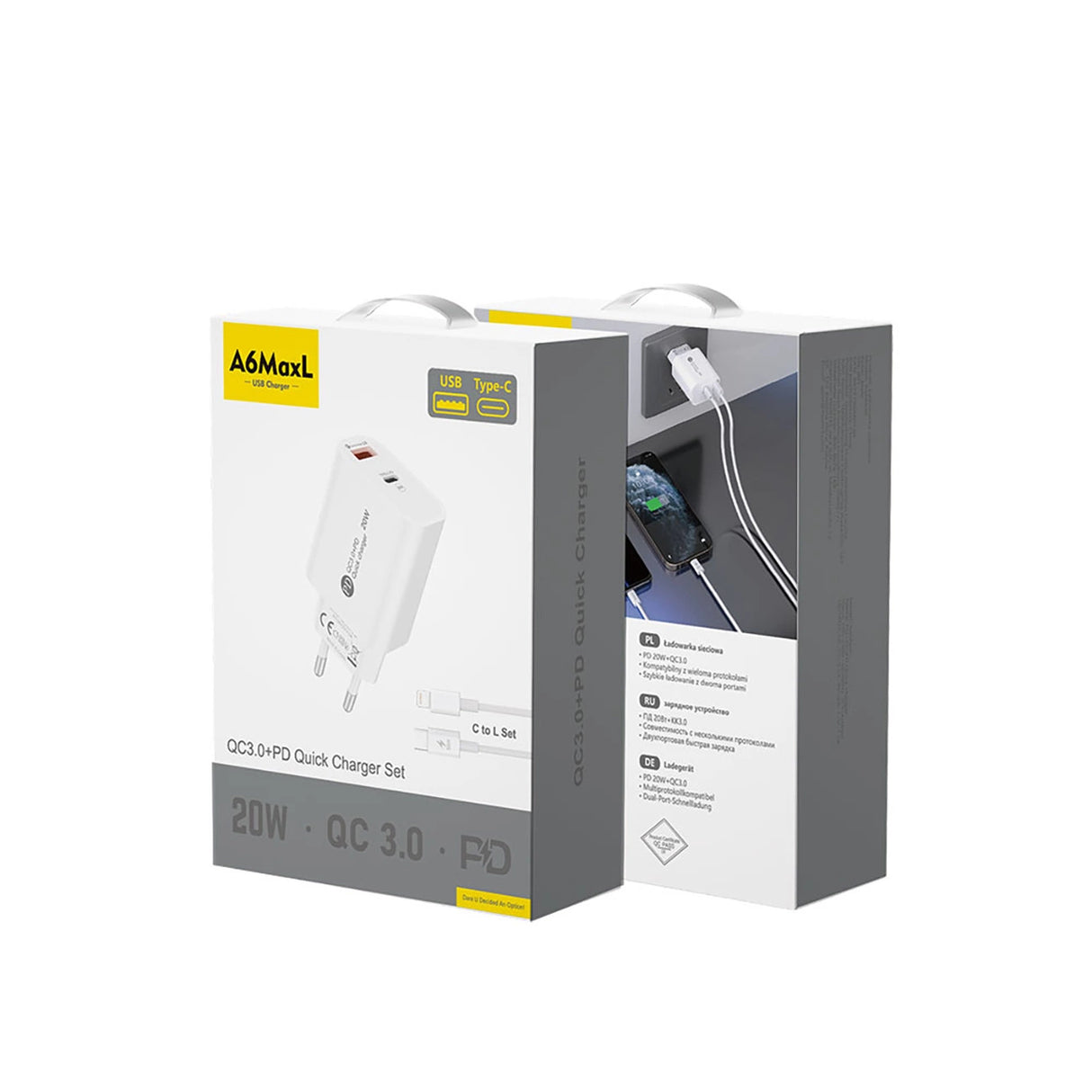 A6MaxL 20W USB-A USB-C Wall Charger med 1m USB-C - Lightning Cable - Hvid