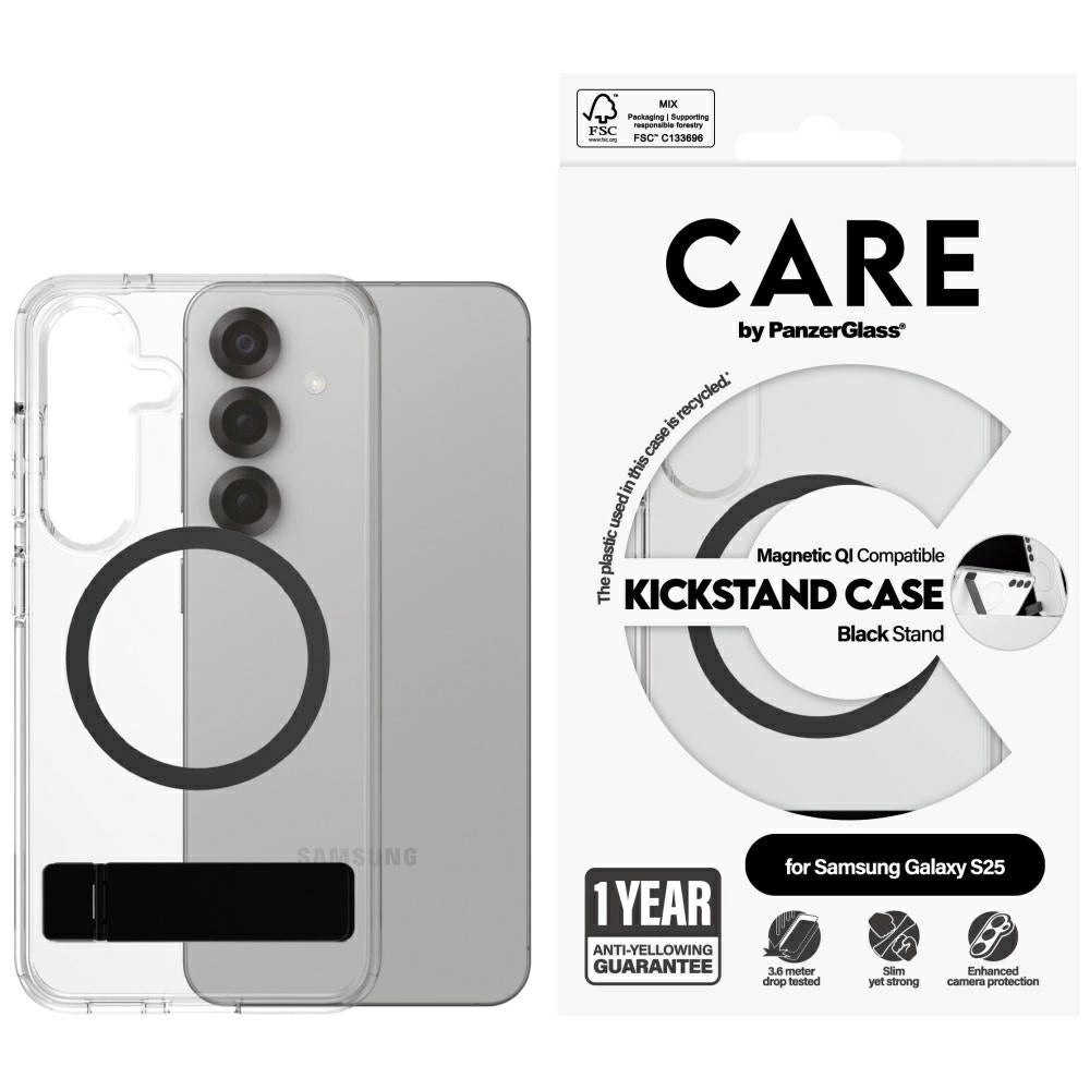 CARE af PanzerGlass Feature Black Kickstand & QI Case til Samsung Galaxy S25 - Transparent