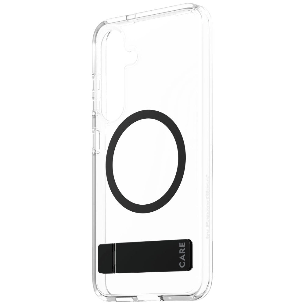 CARE af PanzerGlass Feature Black Kickstand & QI Case til Samsung Galaxy S25 - Transparent