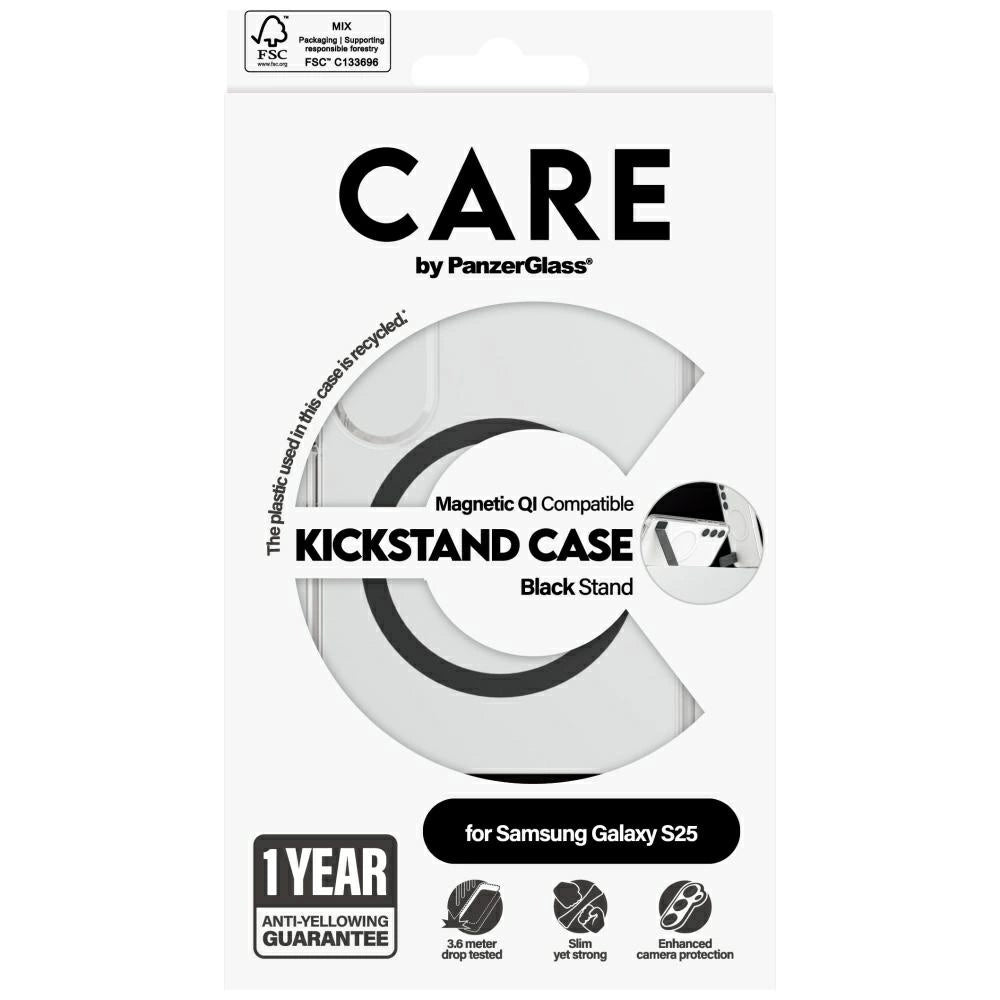 CARE af PanzerGlass Feature Black Kickstand & QI Case til Samsung Galaxy S25 - Transparent