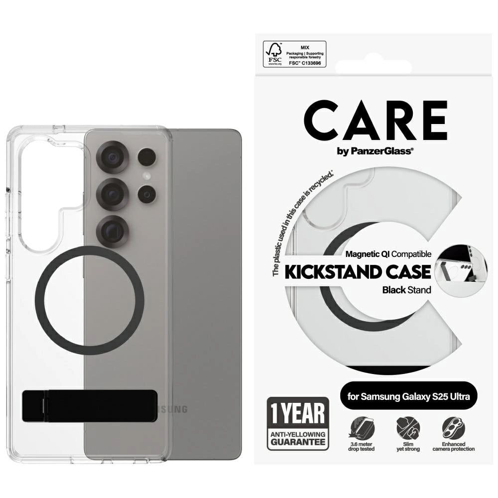 CARE af PanzerGlass Feature Black Kickstand & QI Case til Samsung Galaxy S25 Ultra - Transparent