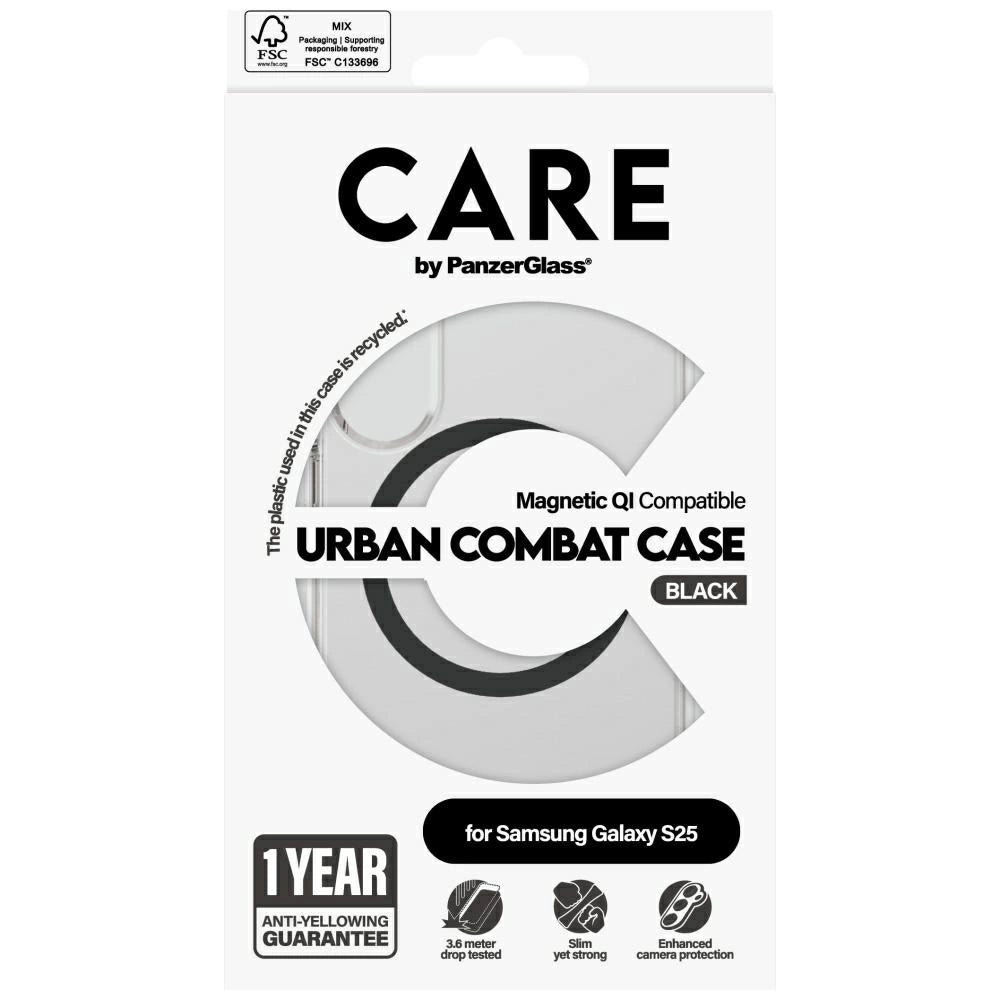 CARE af PanzerGlass Flagship Urban Combat Black QI Case til Samsung Galaxy S25 - Transparent