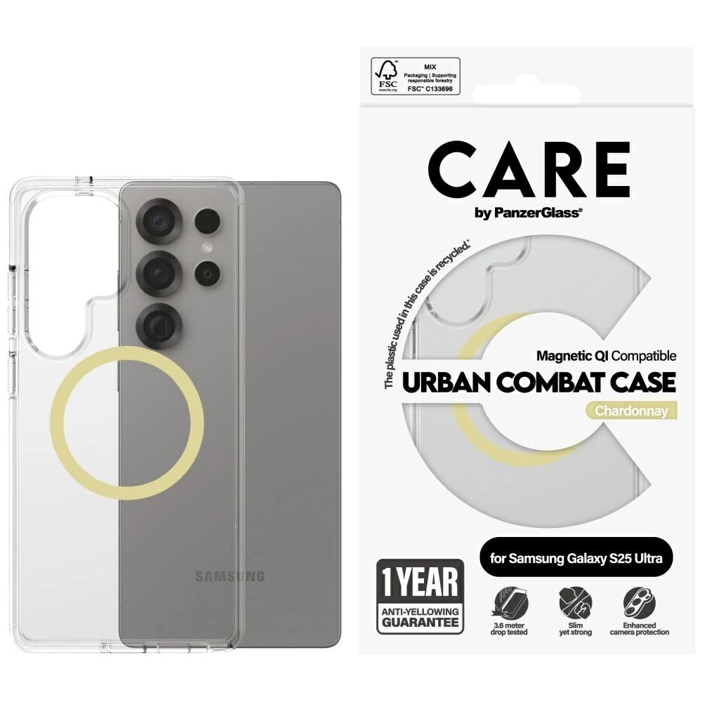 CARE af PanzerGlass Flagship Urban Combat Chardonnay QI Case til Samsung Galaxy S25 Ultra - Transparent