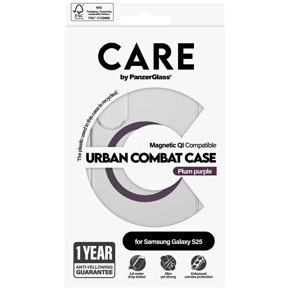CARE af PanzerGlass Flagship Urban Combat Purple QI Case til Samsung Galaxy S25 - Transparent