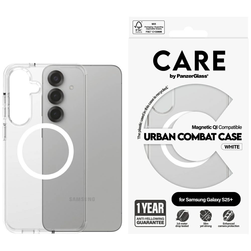 CARE af PanzerGlass Flagship Urban Combat White QI Case til Samsung Galaxy S25+ - Gennemsigtig