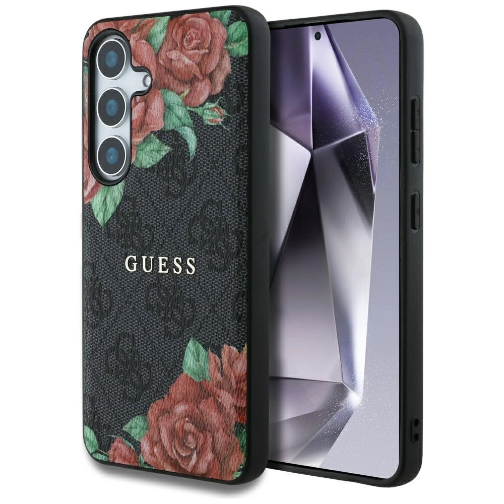 Guess læder 4G blomster Print Metal Classic Logo MagSafe Case til Samsung Galaxy S25 - sort